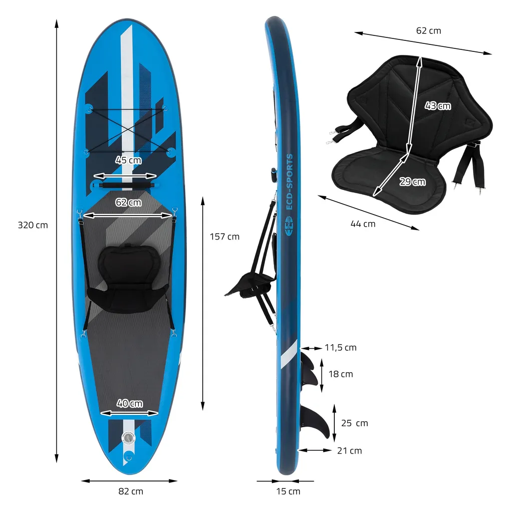ECD Germany Aufblasbares Stand Up Paddle Board Mit Kajak Sitz | 320x82x15 Cm | Blau | Aus PVC | Bis 120kg | Inkl. Pumpe Tragetasche Zubehör | SUP Board Paddling Board Paddelboard Surfboard Sitzfunktion 5 ECD Germany Aufblasbares Stand Up Paddle Board Mit Kajak Sitz | 320x82x15 Cm | Blau | Aus PVC | Bis 120kg | Inkl. Pumpe Tragetasche Zubehör | SUP Board Paddling Board Paddelboard Surfboard Sitzfunktion – Bild 5