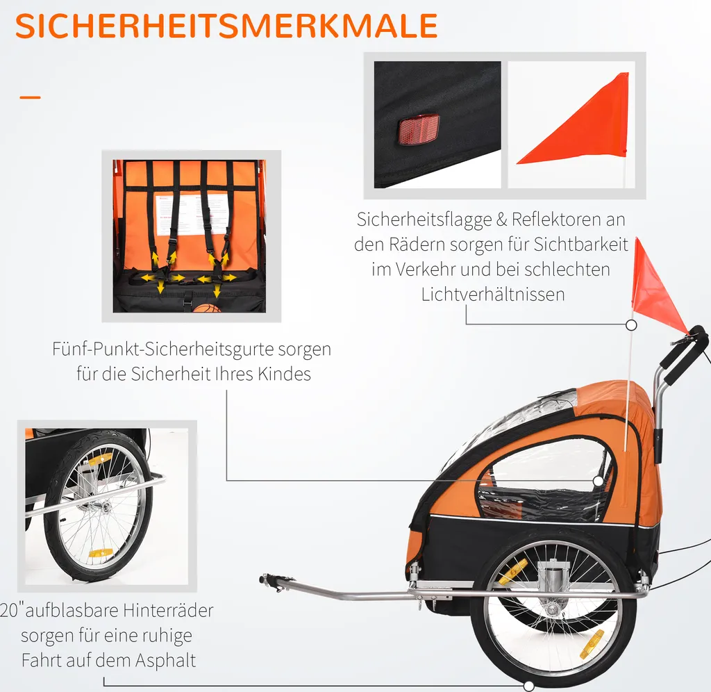 HOMCOM Kinderanhänger Fahrradanhänger Kinder Radanhänger Für 2 Kinder Mit Fahne Regenschutz Atmungsaktiv Stahl Orange+Schwarz 142 X 85 X 105 Cm 7 HOMCOM Kinderanhänger Fahrradanhänger Kinder Radanhänger Für 2 Kinder Mit Fahne Regenschutz Atmungsaktiv Stahl Orange+Schwarz 142 X 85 X 105 Cm – Bild 7