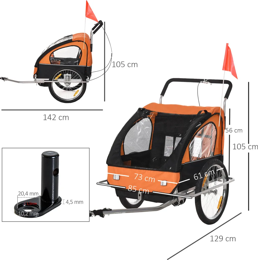 HOMCOM Kinderanhänger Fahrradanhänger Kinder Radanhänger Für 2 Kinder Mit Fahne Regenschutz Atmungsaktiv Stahl Orange+Schwarz 142 X 85 X 105 Cm 3 HOMCOM Kinderanhänger Fahrradanhänger Kinder Radanhänger Für 2 Kinder Mit Fahne Regenschutz Atmungsaktiv Stahl Orange+Schwarz 142 X 85 X 105 Cm – Bild 3