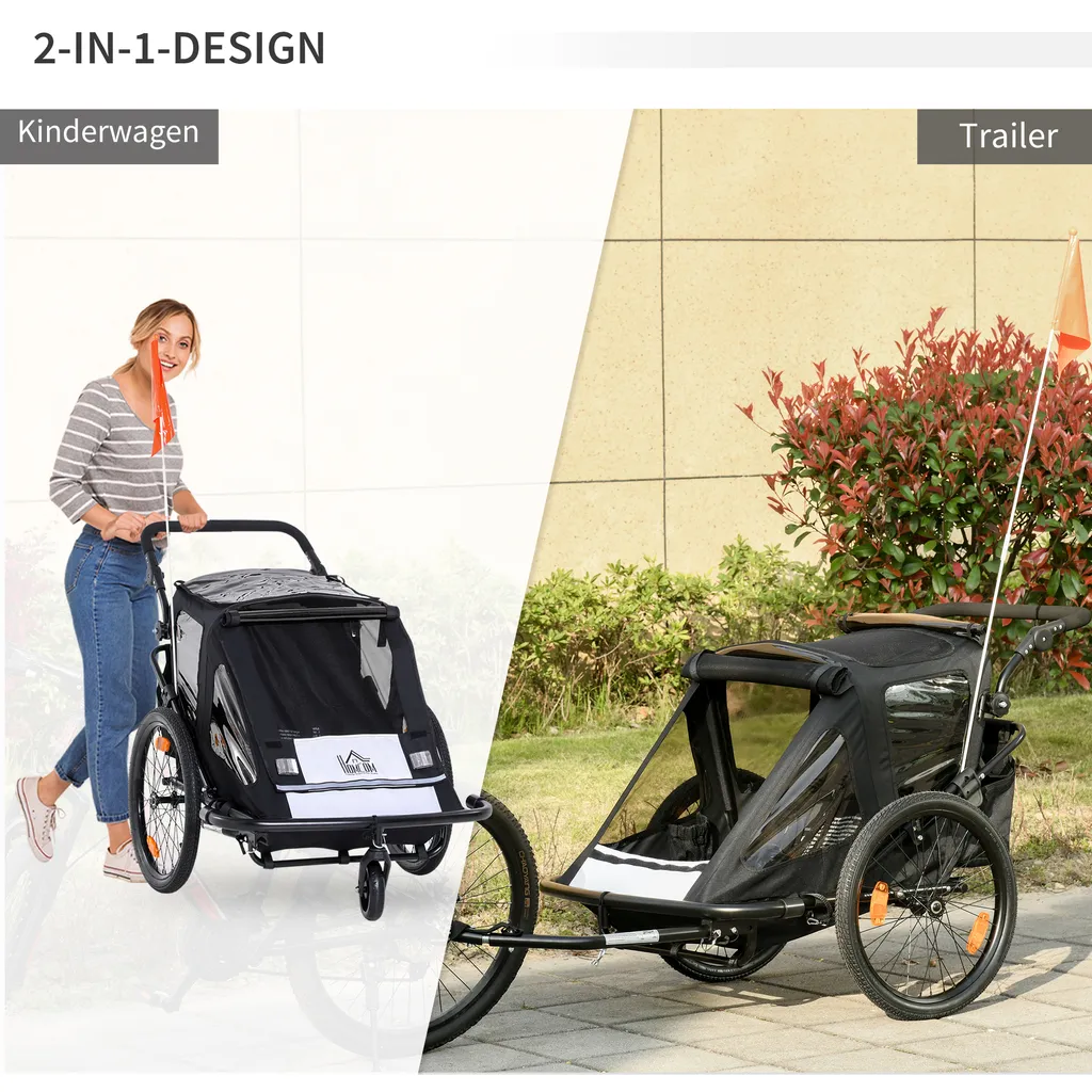 HOMCOM Kinderanhänger Fahrradanhänger Mit Aufbewahrungstasche Kinderwagen Mit Mesh-Tür Fahne Klappbarer Kinderanhänger 2 In 1 Design Metall Oxford Schwarz 160 X 83 X 96 Cm 4 HOMCOM Kinderanhänger Fahrradanhänger Mit Aufbewahrungstasche Kinderwagen Mit Mesh-Tür Fahne Klappbarer Kinderanhänger 2 In 1 Design Metall Oxford Schwarz 160 X 83 X 96 Cm – Bild 4