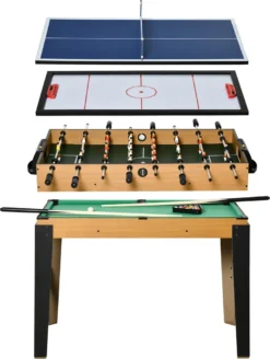 HOMCOM 107cm 4 In 1 Multigame Spieltisch Partyspiel Inkl. Tischtennis Kickertisch Billardtisch Eishockeytisch Ab 14 Jahren Stahl Natur+Schwarz