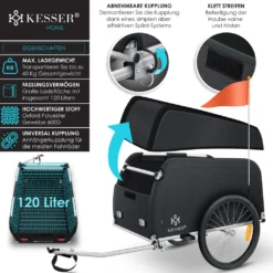 KESSER® Fahrradanhänger Lastenanhänger Transportanhänger Hochdeichsel Mit Kupplung, Inkl. Abdeckung Klappfunktion Hochdeichsel Anhänge Für Fahrrad Transportbox Mit 120 Liter Max. 40 Kg, Farbe:Schwarz / Anthrazit -Globbervi Verkaufe 909d9d892fa1770373c84ab1db833d43