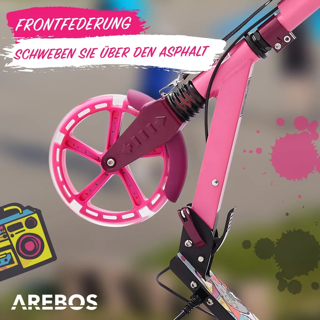 AREBOS Cityroller Tretroller Mit LED, Höhenverstellbar, Klappbar, Inkl. Tragegurt, Hand- & Trittbremse, Für Kinder Und Erwachsene, Bis 100kg Belastbar Roller, Pink 4 AREBOS Cityroller Tretroller Mit LED, Höhenverstellbar, Klappbar, Inkl. Tragegurt, Hand- & Trittbremse, Für Kinder Und Erwachsene, Bis 100kg Belastbar Roller, Pink – Bild 4