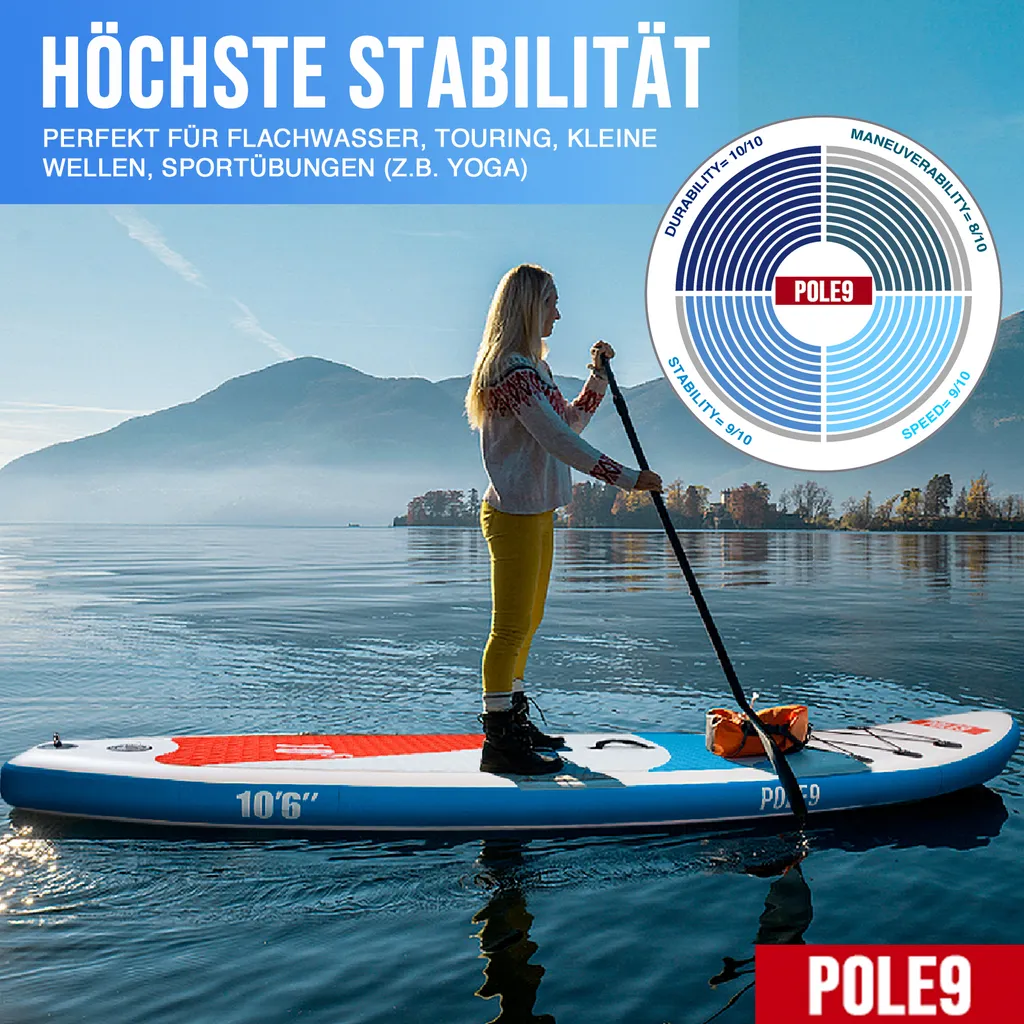 POLE9 Stand Up Paddling Board Mit Premium SUP Zubehör | 320 X 80 X 15 Cm Ultraleichtes Aufblasbares Board | Wasserdichter Rucksack, Double-Action-Pumpe, Aluminium-Paddel, (Farbe:Blau) 5 POLE9 Stand Up Paddling Board Mit Premium SUP Zubehör | 320 X 80 X 15 Cm Ultraleichtes Aufblasbares Board | Wasserdichter Rucksack, Double-Action-Pumpe, Aluminium-Paddel, (Farbe:Blau) – Bild 5