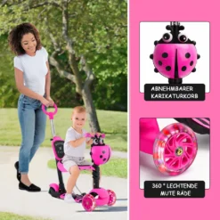 Yoleo 5-in-1 Kinder Roller Scooter Mit Abnehmbarer Karikaturkorb Sitz Schubstange LED Große Räder Bequeme Rückenlehne Höheverstellbare Lenker Für Kleinkinder Jungen Mädchen Ab 2 Jahre (Rosa) -Globbervi Verkaufe 954adead594f7d97e0bfc04f5eeb2384