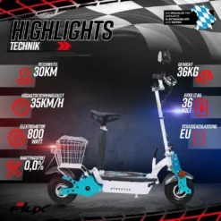 EFlux E-Scooter Street 40 - 800 W - 35 Km/h - E-Scooter Mit Straßenzulassung Klappbar - 30 Km Reichweite - 36 Volt - 12 Ah Akku - Easy Fold Mechanismus - LED Scheinwerfer - Einkaufskorb - Mit Komfort Sitz Höhenverstellbar Und Abnehmbar - EEC (COC) Zulassung Mit Versicherungskennzeichen Für Roller Bis 45 Km/h - Erwachsene - Elektroroller - Elektrischer Roller - Elektro - Roller -Scooter - Elektroscooter - (Schwarz) -Globbervi Verkaufe 991631a46589c3a769710a30d7ccc121