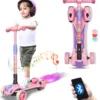 Roller Kinder 3-10 Jahre, Kinderroller 3 Räder, Mit Bluetooth Musik Spray LED Rädern Höhenverstellbar Faltbar Kinderscooter Dreiradscooter Tretroller Scooter Für Kinder Jungen Mädchen Bis 60kg (Rosa)