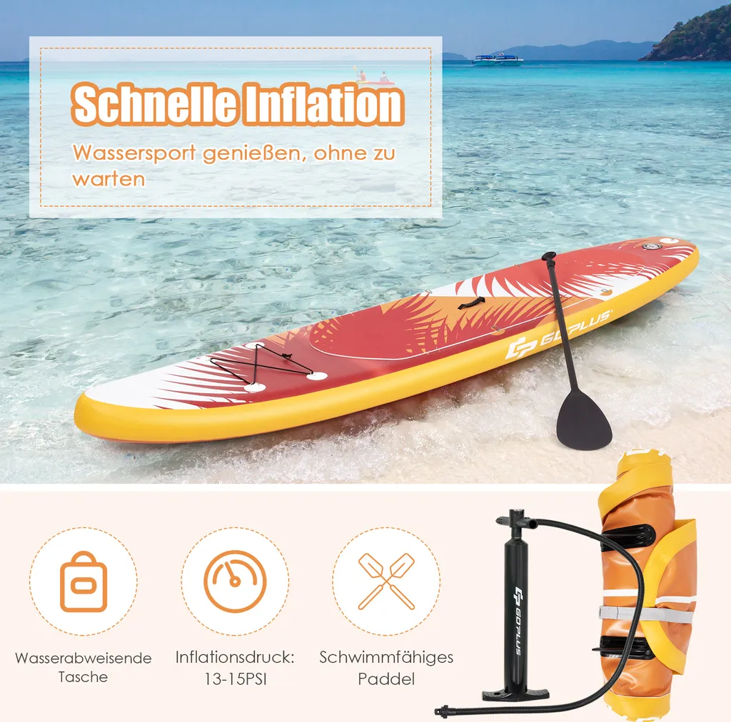 COSTWAY 320 Cm X 76 Cm X 15 Cm Stand Up Paddling Board, Inkl. Rucksack, Pumpe, Verstellbares Paddel, Sicherheitsleine, Bungee-Seil Und Reparaturset, SUP Board 150kg Aufblasbar Orange 3 COSTWAY 320 Cm X 76 Cm X 15 Cm Stand Up Paddling Board, Inkl. Rucksack, Pumpe, Verstellbares Paddel, Sicherheitsleine, Bungee-Seil Und Reparaturset, SUP Board 150kg Aufblasbar Orange – Bild 3