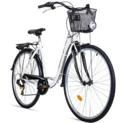 Bergsteiger Florenz Damenfahrrad 28 Zoll, 7-GG-Shimano, Mit Korb, Licht, Rücklicht Mit Standlichtfunktion, Rahmenhöhe 51 Cm, Im Retro-Design, Farbe Weiß