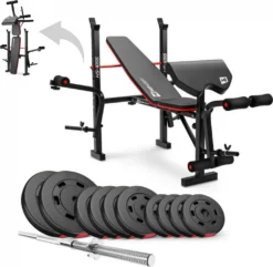 Hop-Sport Zusammenklappbare Hantelbank HS-1055 Mit Curlpult, Butterfly Und Beincurler Inkl. 59 Kg Hantelset + Langhantelstange