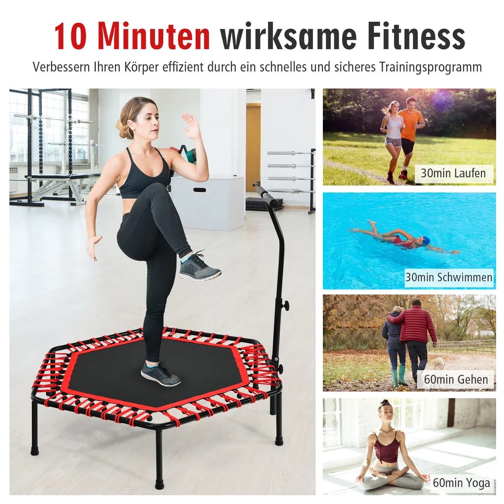 COSTWAY Fitness Trampolin Mit Höhenverstellbarem Faltbarem Haltegriff, Mini Trampolin Bis 150kg Belastbar, Kindertrampolin Gartentrampolin Für Erwachsene Und Kinder 3 COSTWAY Fitness Trampolin Mit Höhenverstellbarem Faltbarem Haltegriff, Mini Trampolin Bis 150kg Belastbar, Kindertrampolin Gartentrampolin Für Erwachsene Und Kinder – Bild 3