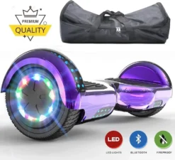 Hoverboard 6,5 LED Mit Bluetooth|die Tasche |LED| Leistungsstarkem 2*350W Motor Chrome Lila Flash Selbstausgleichender Elektroroller Mit Blinkt Elektroscooter Skateboard Segway Neues Modell Spielzeug Und Geschenk Für Kinder