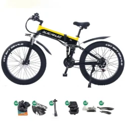 Fangqi E-Bike,RUICANJIE R5 26Zoll Klapp Elektrofahrrad,Supermotor, 48V/12,8AH Abnehmbarer Akku, Shimano 21Gang, Hydraulische Bremse, Bis 45km/h, Geeignet Für Körpergröße 165-190cm,Gelb