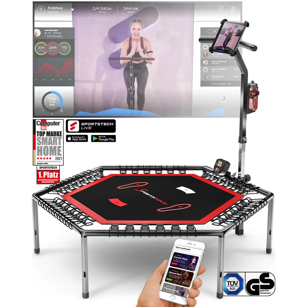 Messe-Neuheit 2020! Smart Fitness Trampolin, Inkl. Pulsgurt, Sprungzähler & APP, Klappbar, Höhenverstellbarer Haltegriff Mit Handy- & Flaschenhalterung, HTX100 Indoor Jumping Workout 1 Messe-Neuheit 2020! Smart Fitness Trampolin, Inkl. Pulsgurt, Sprungzähler & APP, Klappbar, Höhenverstellbarer Haltegriff Mit Handy- & Flaschenhalterung, HTX100 Indoor Jumping Workout