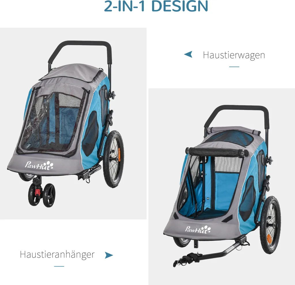 PawHut 2-in-1 Fahrradanhänger Haustier Hundeanhänger Oxfordstoff Atmungsaktiv Metall Oxford-Gewebe Blau 140 X 71 X 105 Cm 4 PawHut 2-in-1 Fahrradanhänger Haustier Hundeanhänger Oxfordstoff Atmungsaktiv Metall Oxford-Gewebe Blau 140 X 71 X 105 Cm – Bild 4