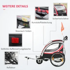 HOMCOM 2 In 1 Kinderfahrradanhänger, Kinderanhänger Mit Federung, Fahrradanhänger Mit Mesh-Tür, 360° Drehbares Vorderrad, Buggy Mit Bremse, Anhänger, Rot+Schwarz, 142 X 75 X 101 Cm -Globbervi Verkaufe b0f8d7c86f9e43380ca37af9f94d0a26