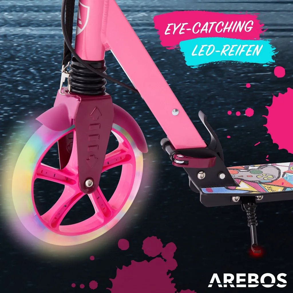AREBOS Cityroller Tretroller Mit LED, Höhenverstellbar, Klappbar, Inkl. Tragegurt, Hand- & Trittbremse, Für Kinder Und Erwachsene, Bis 100kg Belastbar Roller, Pink 6 AREBOS Cityroller Tretroller Mit LED, Höhenverstellbar, Klappbar, Inkl. Tragegurt, Hand- & Trittbremse, Für Kinder Und Erwachsene, Bis 100kg Belastbar Roller, Pink – Bild 6