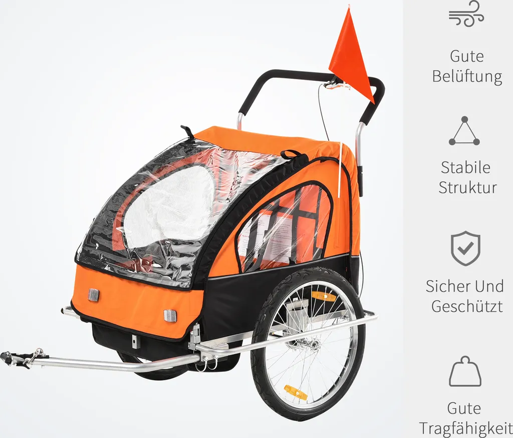 HOMCOM Kinderanhänger Fahrradanhänger Kinder Radanhänger Für 2 Kinder Mit Fahne Regenschutz Atmungsaktiv Stahl Orange+Schwarz 142 X 85 X 105 Cm 5 HOMCOM Kinderanhänger Fahrradanhänger Kinder Radanhänger Für 2 Kinder Mit Fahne Regenschutz Atmungsaktiv Stahl Orange+Schwarz 142 X 85 X 105 Cm – Bild 5