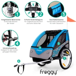 FROGGY Kinder Fahrradanhänger Mit Federung + 5-Punkt Sicherheitsgurt, Anhänger Für 1 Bis 2 Kinder, Design Cyan -Globbervi Verkaufe b6e7c49fc7c7340bfd67728eebcb9922