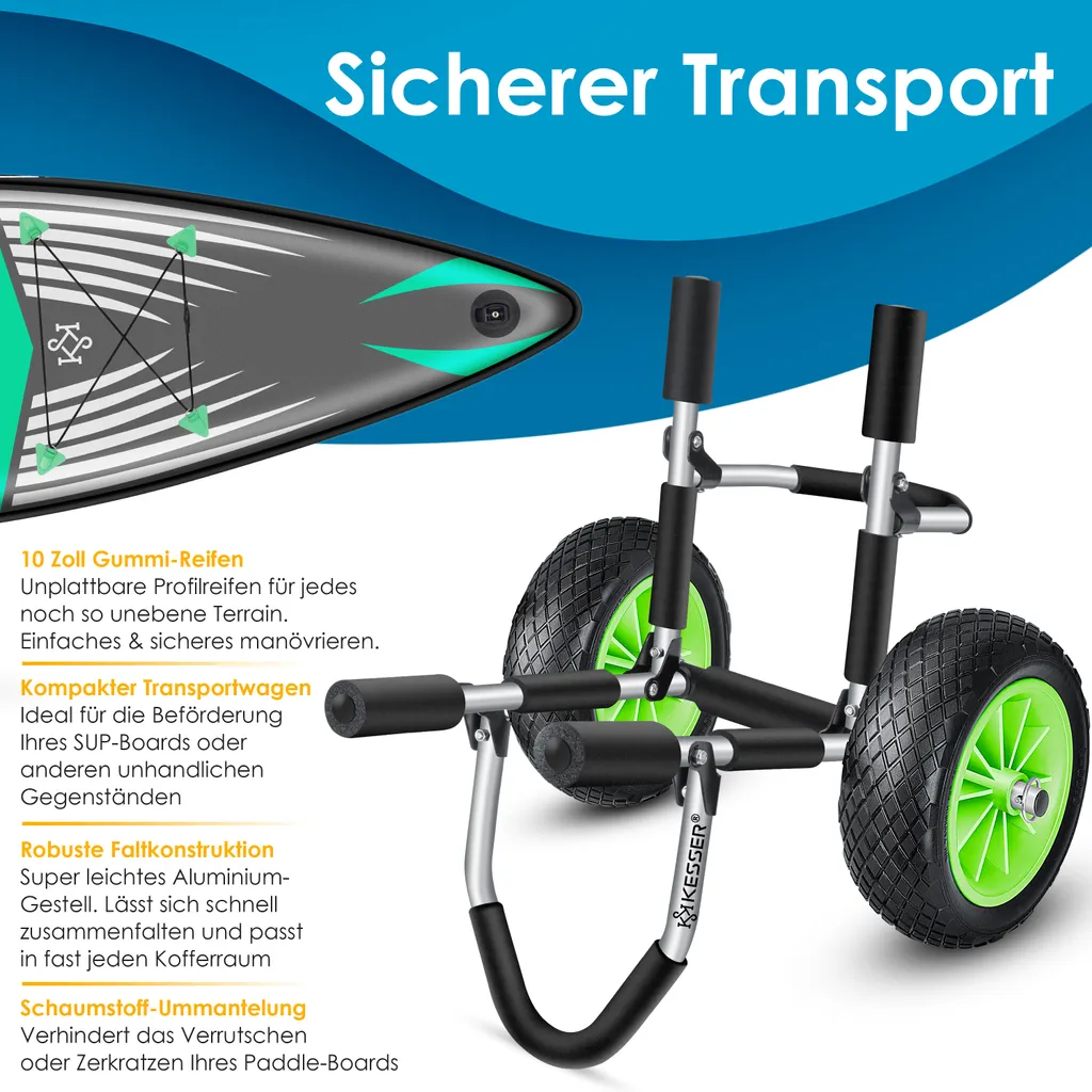 KESSER® Surfwagen Surfboard Transportwagen Für SUP-Board Stand Up Paddle Board Transport Kajakwagen - Klappbar Gepolstert - 10 Zoll PolyurethanReifen Alu - Inkl. 2 Sicherungsgurte, Farbe:Silber / Schwarz, Größe:Einzel 5 KESSER® Surfwagen Surfboard Transportwagen Für SUP-Board Stand Up Paddle Board Transport Kajakwagen - Klappbar Gepolstert - 10 Zoll PolyurethanReifen Alu - Inkl. 2 Sicherungsgurte, Farbe:Silber / Schwarz, Größe:Einzel – Bild 5