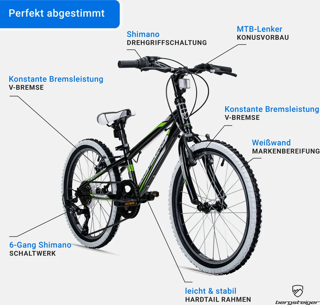 Bergsteiger Kansas 20 Zoll Kinderfahrrad, Geeignet Für 6, 7, 8, 9 Jahre, Shimano 6 Gang-Schaltung, Mountainbike Mit Weißwandbereifung, Jungen-Fahrrad, Mädchen-Fahrrad 5 Bergsteiger Kansas 20 Zoll Kinderfahrrad, Geeignet Für 6, 7, 8, 9 Jahre, Shimano 6 Gang-Schaltung, Mountainbike Mit Weißwandbereifung, Jungen-Fahrrad, Mädchen-Fahrrad – Bild 5