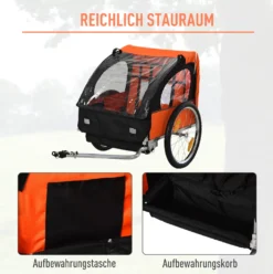 HOMCOM Kinderanhänger Kinderfahrrad Geeignet Für 2 Kinder, Stahlrahmen, Sitzträger Mit Sicherheitsgurt, Für Kinder Ab 18 Monaten, Oxford-Gewebe, Stahl, 126x78x79 Cm, Orange+Schwarz -Globbervi Verkaufe c4ca9ba1c76f4981184cc6c18a751557