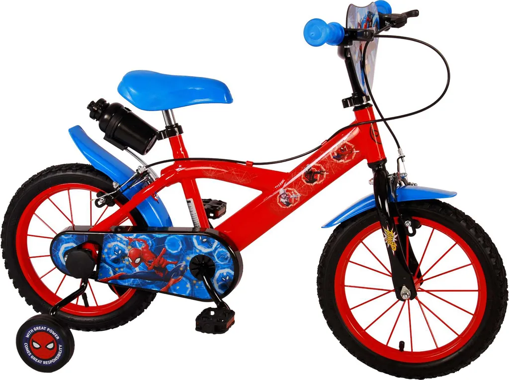 Kinderfahrrad Marvel Spider-Man 14 Zoll Rot/Blau Mit 2 Felgenbremsen, Stützrädern, Trinkflasche 1 Kinderfahrrad Marvel Spider-Man 14 Zoll Rot/Blau Mit 2 Felgenbremsen, Stützrädern, Trinkflasche