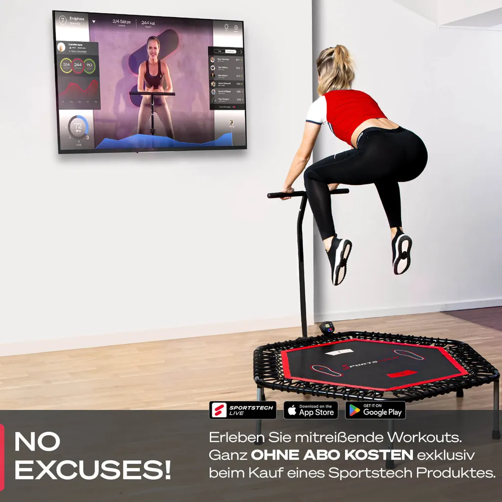 Messe-Neuheit 2020! Smart Fitness Trampolin, Inkl. Pulsgurt, Sprungzähler & APP, Klappbar, Höhenverstellbarer Haltegriff Mit Handy- & Flaschenhalterung, HTX100 Indoor Jumping Workout 7 Messe-Neuheit 2020! Smart Fitness Trampolin, Inkl. Pulsgurt, Sprungzähler & APP, Klappbar, Höhenverstellbarer Haltegriff Mit Handy- & Flaschenhalterung, HTX100 Indoor Jumping Workout – Bild 7