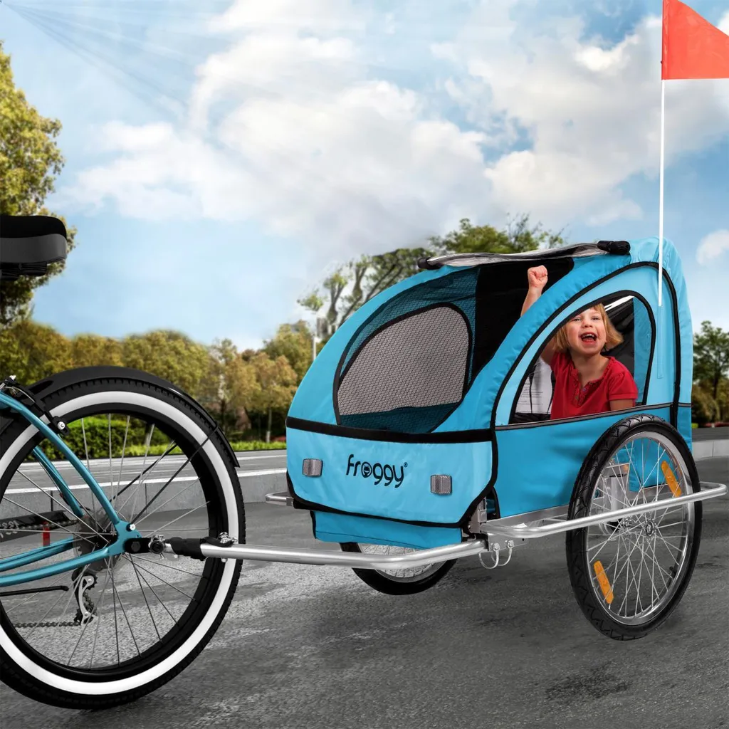 FROGGY Kinder Fahrradanhänger Mit Federung + 5-Punkt Sicherheitsgurt Radschutz Anhänger Für 1 Bis 2 Kinder Design Sky 2 FROGGY Kinder Fahrradanhänger Mit Federung + 5-Punkt Sicherheitsgurt Radschutz Anhänger Für 1 Bis 2 Kinder Design Sky – Bild 2