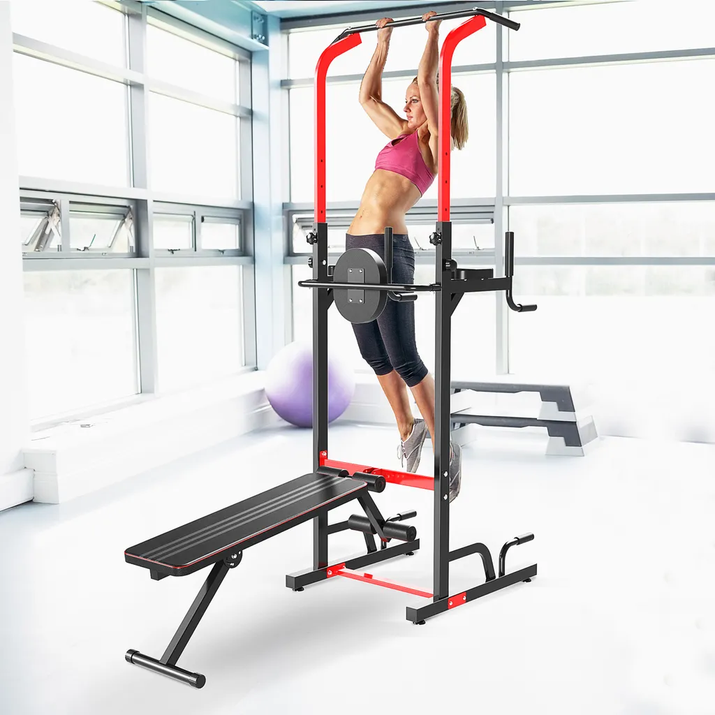 HOMCOM Power Tower Dip Station Büro Fitnesscenter Multifunktionale Kraftstation Höhenverstellbar Täglich Training Klappbar Rückenbrett Stahl PP PVC Schwarz+Rot 94 X 174 X 180-230 Cm 2 HOMCOM Power Tower Dip Station Büro Fitnesscenter Multifunktionale Kraftstation Höhenverstellbar Täglich Training Klappbar Rückenbrett Stahl PP PVC Schwarz+Rot 94 X 174 X 180-230 Cm – Bild 2