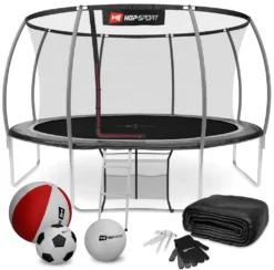 Hop-Sport Trampolin Outdoor - Ø 430 Cm - Safety Gartentrampolin Set Mit Innovativen, Gebogenen Netzstangen, Sicherheitsnetz, Leiter Und Vielen Extras – INTERTEK , Schwarz-grau