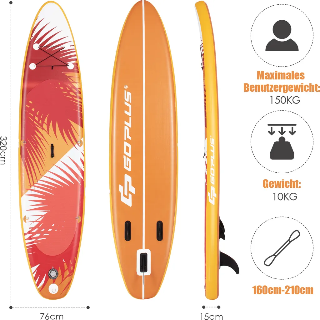 COSTWAY 320 Cm X 76 Cm X 15 Cm Stand Up Paddling Board, Inkl. Rucksack, Pumpe, Verstellbares Paddel, Sicherheitsleine, Bungee-Seil Und Reparaturset, SUP Board 150kg Aufblasbar Orange 7 COSTWAY 320 Cm X 76 Cm X 15 Cm Stand Up Paddling Board, Inkl. Rucksack, Pumpe, Verstellbares Paddel, Sicherheitsleine, Bungee-Seil Und Reparaturset, SUP Board 150kg Aufblasbar Orange – Bild 7