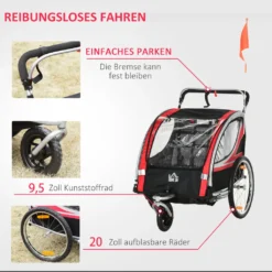 HOMCOM 2 In 1 Kinderfahrradanhänger, Kinderanhänger Mit Federung, Fahrradanhänger Mit Mesh-Tür, 360° Drehbares Vorderrad, Buggy Mit Bremse, Anhänger, Rot+Schwarz, 142 X 75 X 101 Cm -Globbervi Verkaufe dad80882a6b6f84a4155d0cf391fb720