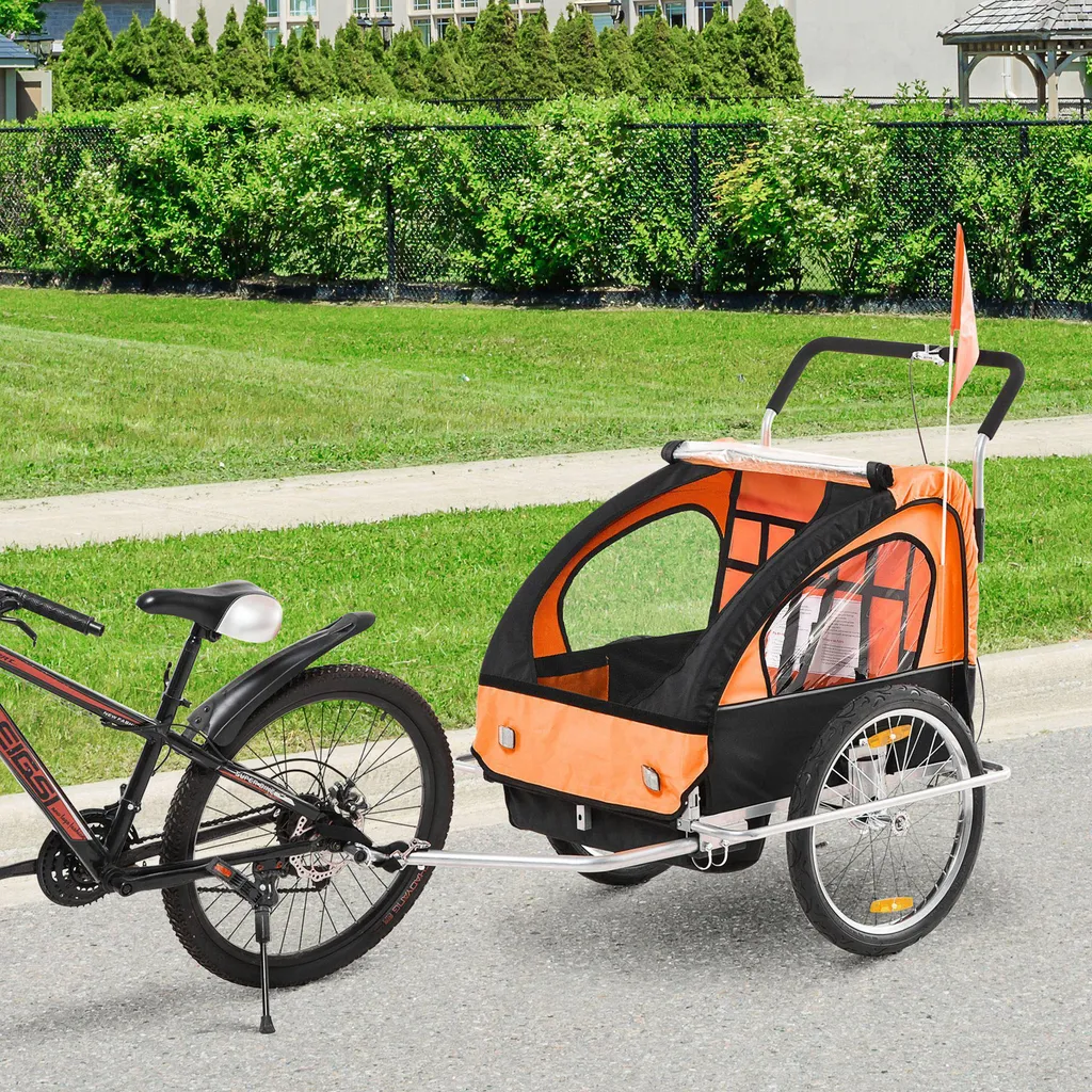 HOMCOM Kinderanhänger Fahrradanhänger Kinder Radanhänger Für 2 Kinder Mit Fahne Regenschutz Atmungsaktiv Stahl Orange+Schwarz 142 X 85 X 105 Cm 2 HOMCOM Kinderanhänger Fahrradanhänger Kinder Radanhänger Für 2 Kinder Mit Fahne Regenschutz Atmungsaktiv Stahl Orange+Schwarz 142 X 85 X 105 Cm – Bild 2