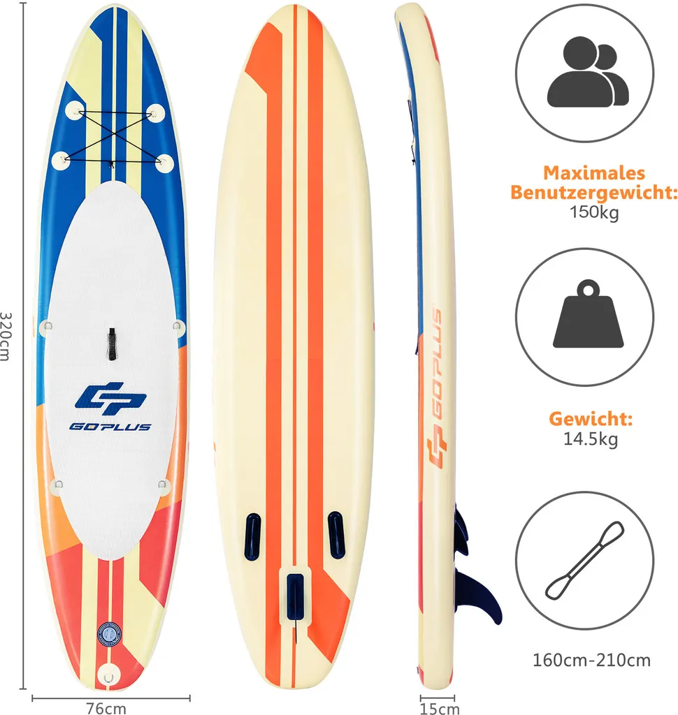 COSTWAY 320 X 76 X 15 Cm Stand Up Paddling Board Mit Sitz, Inkl. Rucksack, Pumpe, Verstellbares Paddel, Sicherheitsleine, Bungee-Seil Und Reparaturset, SUP Board 150kg Aufblasbar 4 COSTWAY 320 X 76 X 15 Cm Stand Up Paddling Board Mit Sitz, Inkl. Rucksack, Pumpe, Verstellbares Paddel, Sicherheitsleine, Bungee-Seil Und Reparaturset, SUP Board 150kg Aufblasbar – Bild 4