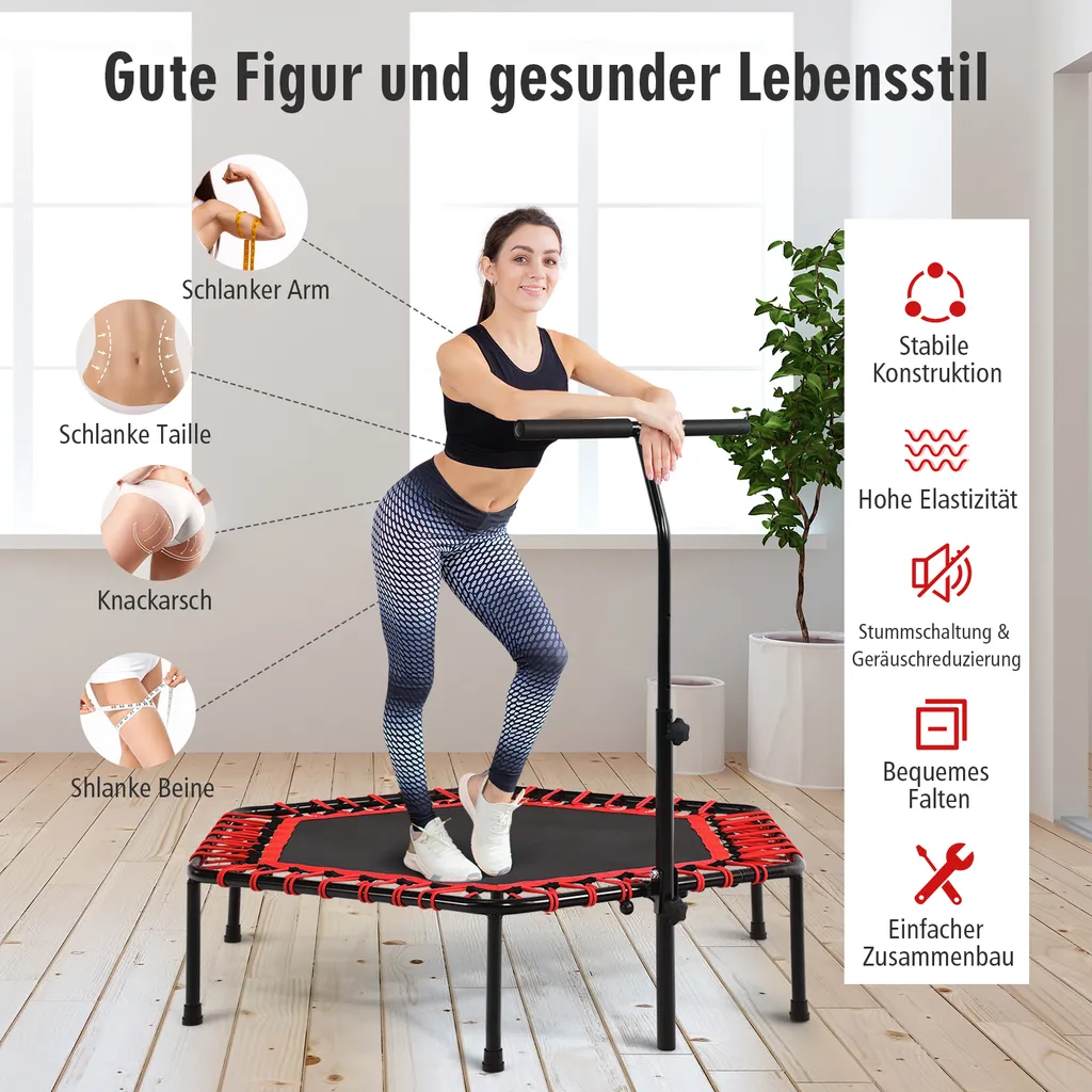 COSTWAY Fitness Trampolin Mit Höhenverstellbarem Faltbarem Haltegriff, Mini Trampolin Bis 150kg Belastbar, Kindertrampolin Gartentrampolin Für Erwachsene Und Kinder 2 COSTWAY Fitness Trampolin Mit Höhenverstellbarem Faltbarem Haltegriff, Mini Trampolin Bis 150kg Belastbar, Kindertrampolin Gartentrampolin Für Erwachsene Und Kinder – Bild 2
