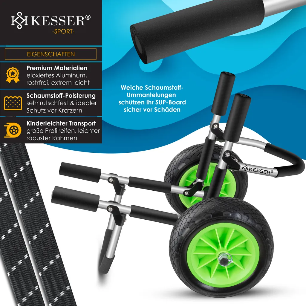KESSER® Surfwagen Surfboard Transportwagen Für SUP-Board Stand Up Paddle Board Transport Kajakwagen - Klappbar Gepolstert - 10 Zoll PolyurethanReifen Alu - Inkl. 2 Sicherungsgurte, Farbe:Silber / Schwarz, Größe:Einzel 2 KESSER® Surfwagen Surfboard Transportwagen Für SUP-Board Stand Up Paddle Board Transport Kajakwagen - Klappbar Gepolstert - 10 Zoll PolyurethanReifen Alu - Inkl. 2 Sicherungsgurte, Farbe:Silber / Schwarz, Größe:Einzel – Bild 2