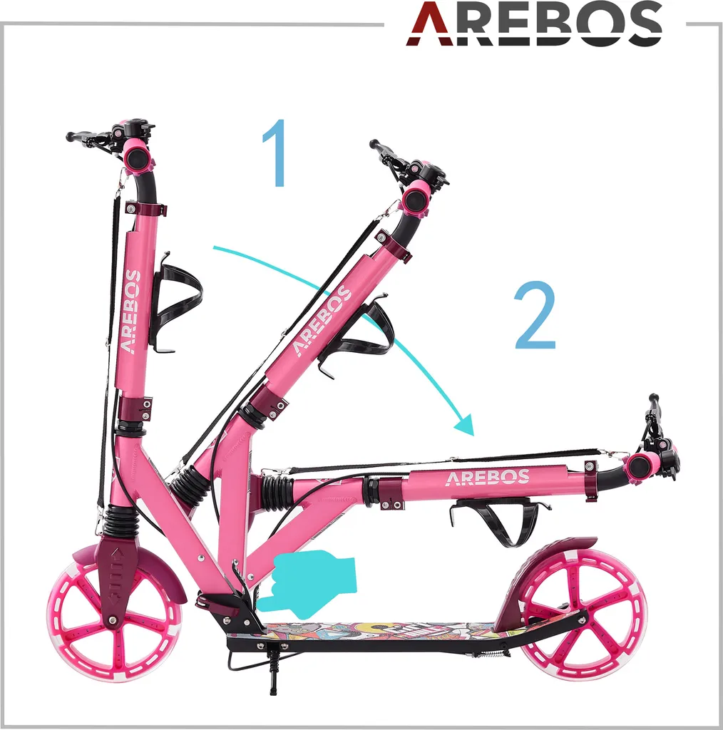 AREBOS Cityroller Tretroller Mit LED, Höhenverstellbar, Klappbar, Inkl. Tragegurt, Hand- & Trittbremse, Für Kinder Und Erwachsene, Bis 100kg Belastbar Roller, Pink 9 AREBOS Cityroller Tretroller Mit LED, Höhenverstellbar, Klappbar, Inkl. Tragegurt, Hand- & Trittbremse, Für Kinder Und Erwachsene, Bis 100kg Belastbar Roller, Pink – Bild 9