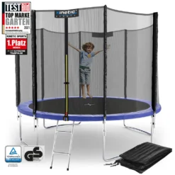 Kinetic Sports Outdoor Gartentrampolin Ø 305 Cm, TPLS10, Inklusive Sprungtuch Aus USA-Mesh +Sicherheitsnetz +Rand- U. Regen-Abdeckung +Leiter, Bis Zu 160kg, , UV-beständig, BLAU