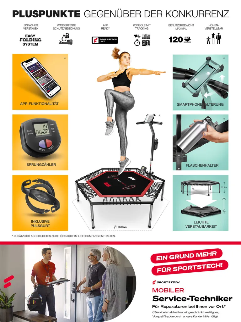 Messe-Neuheit 2020! Smart Fitness Trampolin, Inkl. Pulsgurt, Sprungzähler & APP, Klappbar, Höhenverstellbarer Haltegriff Mit Handy- & Flaschenhalterung, HTX100 Indoor Jumping Workout 8 Messe-Neuheit 2020! Smart Fitness Trampolin, Inkl. Pulsgurt, Sprungzähler & APP, Klappbar, Höhenverstellbarer Haltegriff Mit Handy- & Flaschenhalterung, HTX100 Indoor Jumping Workout – Bild 8